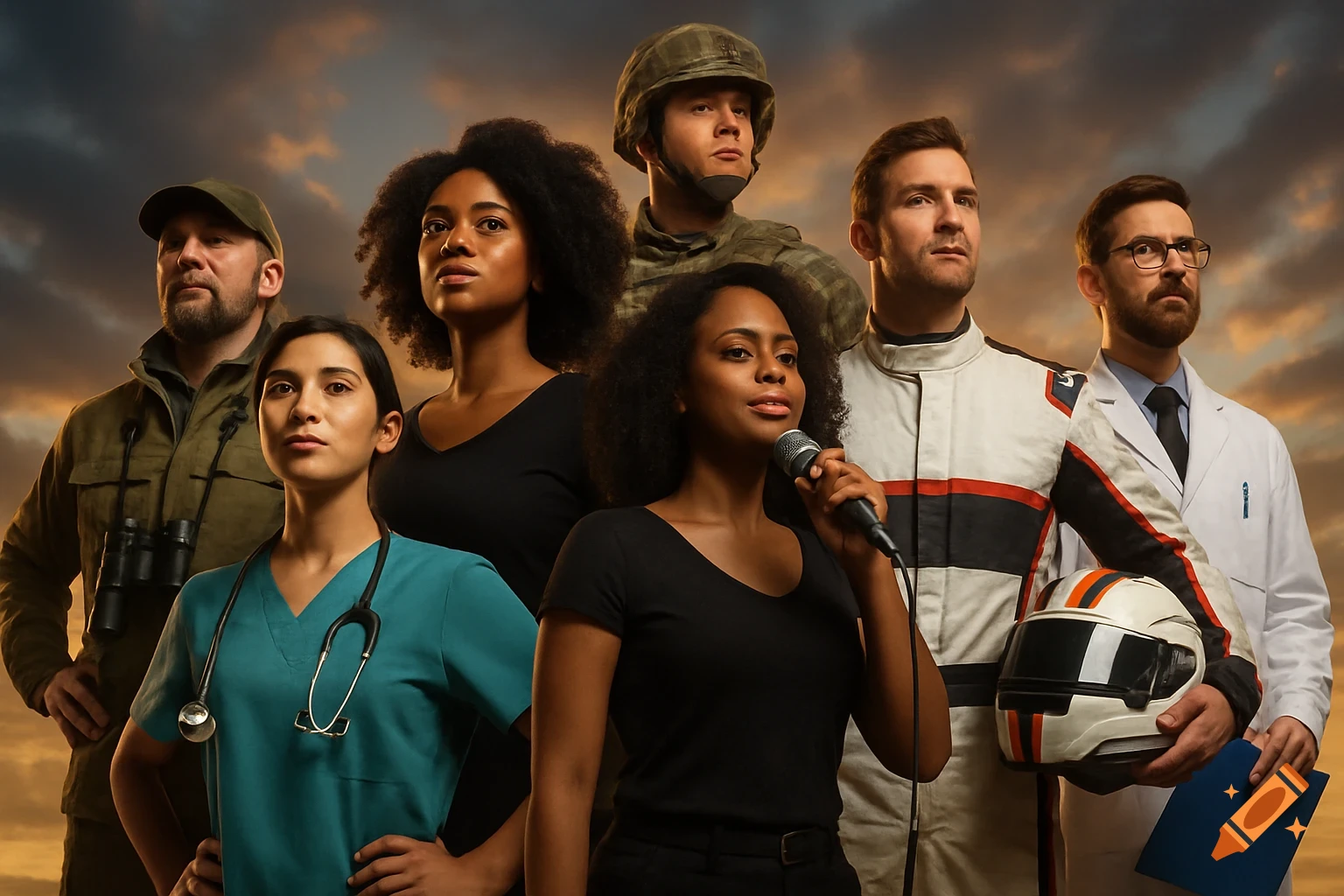 Diverse group of people in professional attire and uniforms stand together heroically against a dramatic sky background.