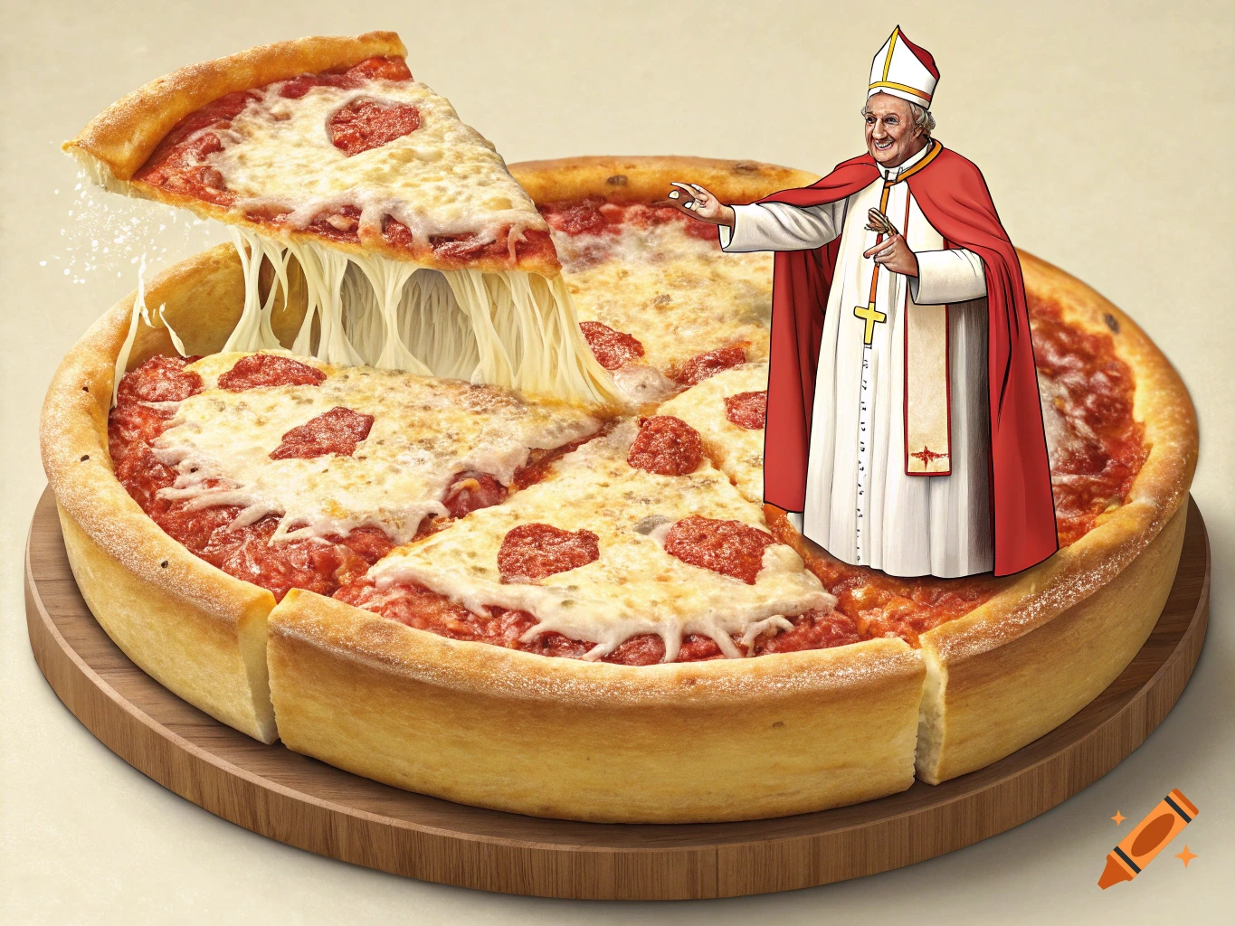 A slice is lifted from a deep-dish Chicago style pizza, showing cheese pull, with a cartoon Pope standing on top.