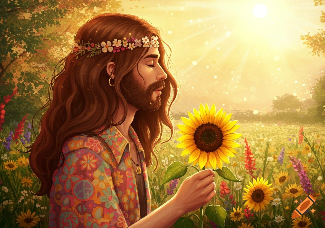 A man with long hair and beard, wearing a floral shirt and flower crown, holds a sunflower in a sunny field of flowers. Illustration style.