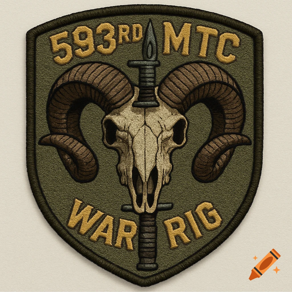 Military patch with bighorn sheep skull, bayonet, and text '593rd MTC WAR RIG'