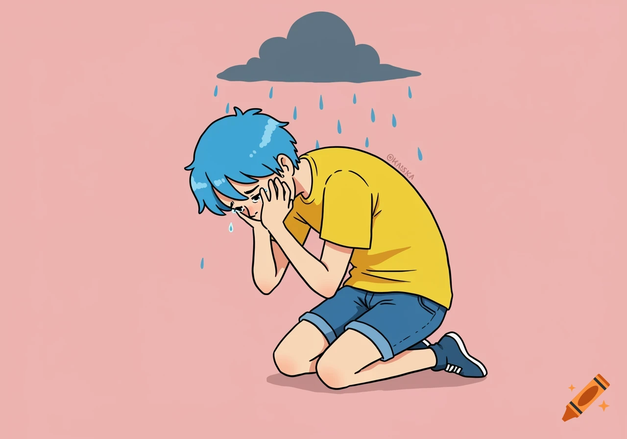 Cartoon character kneeling and crying under a rain cloud.