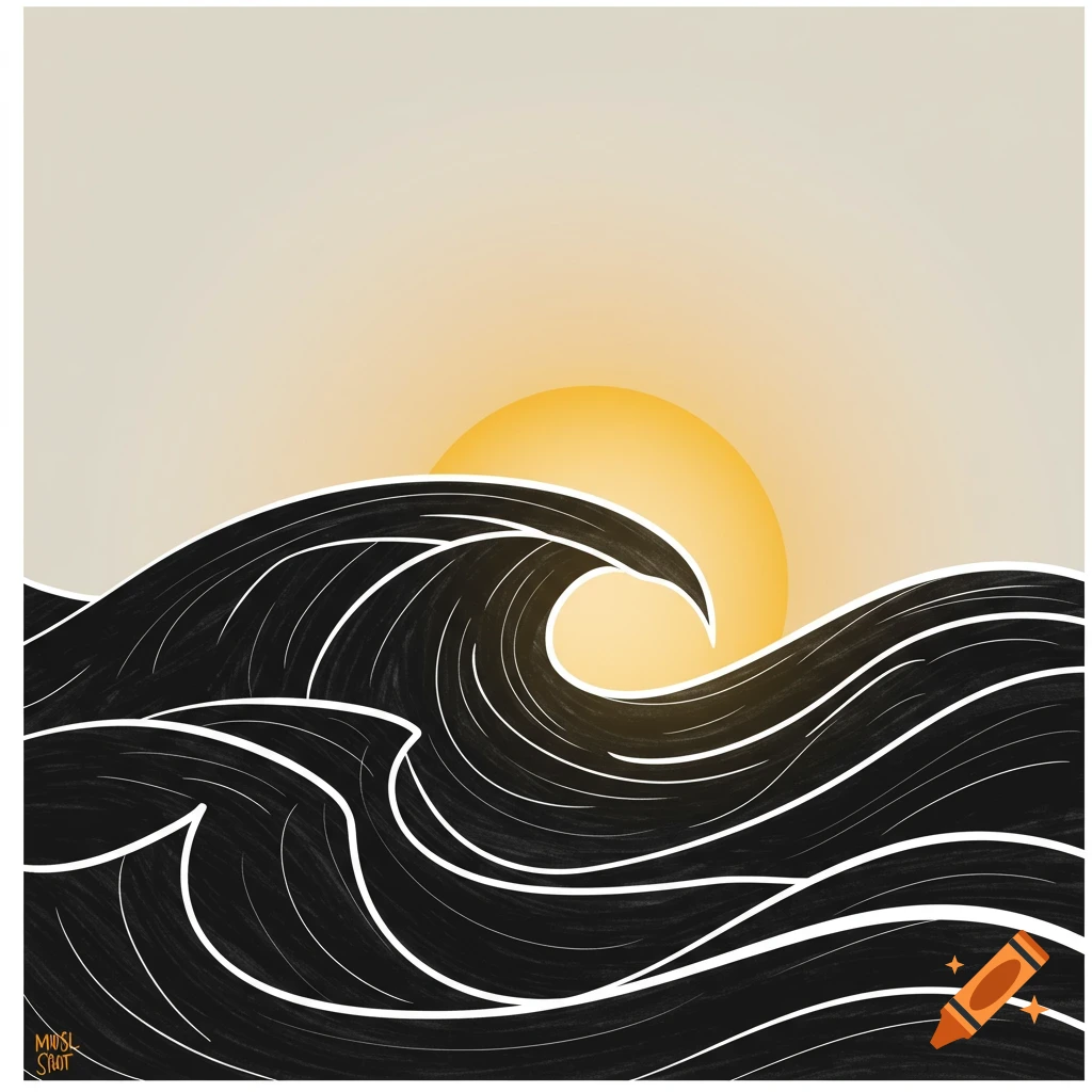 Stylized illustration of dark waves and a bright sun.
