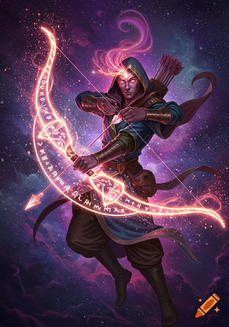 Fantasy archer with glowing magic bow in space