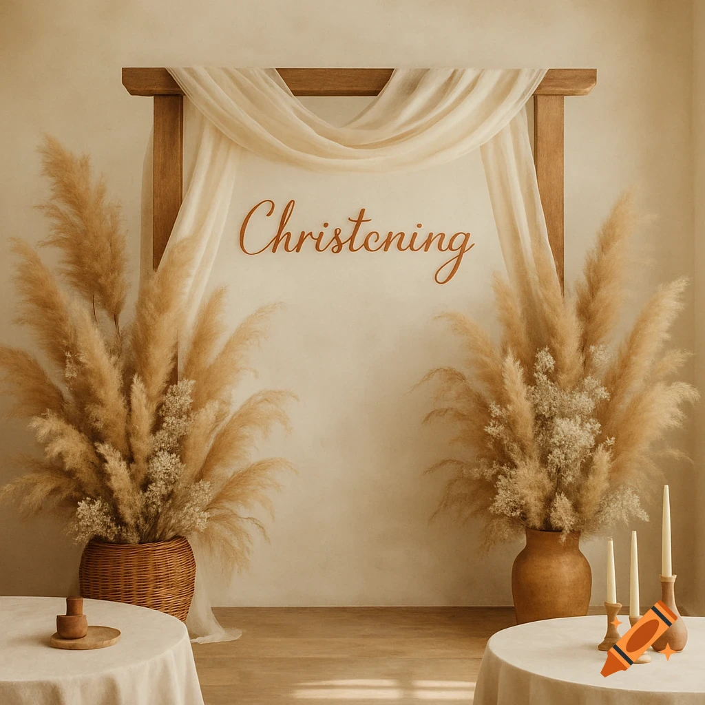 Christening decor with wooden arch, draped fabric, pampas grass, tables, candles, and 'Christening' text.