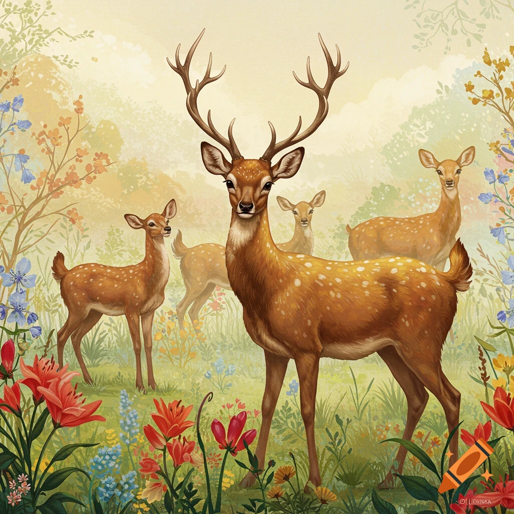 A family of deer stands in a field of colorful flowers, in a painting style.