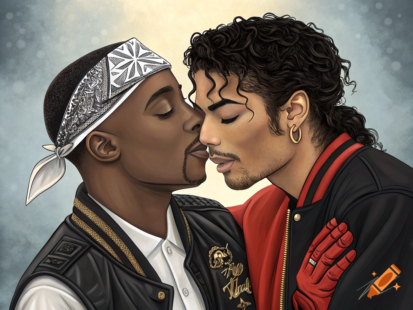 Illustration of Tupac Shakur and Michael Jackson kissing