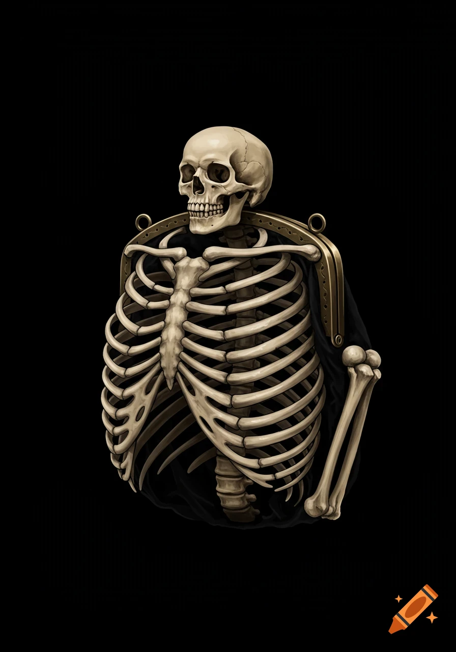 A skeleton's upper body integrated into a purse with a brass frame on a black background.