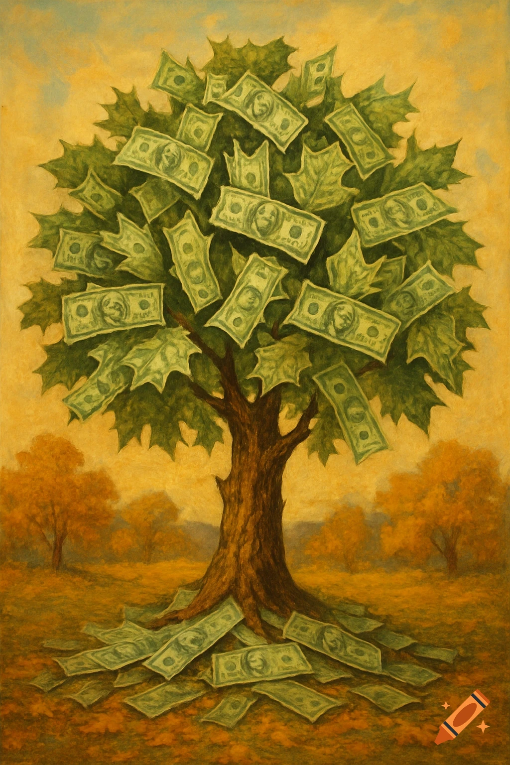 A painted image of a tree with US dollar bills as leaves, with money scattered around the base.
