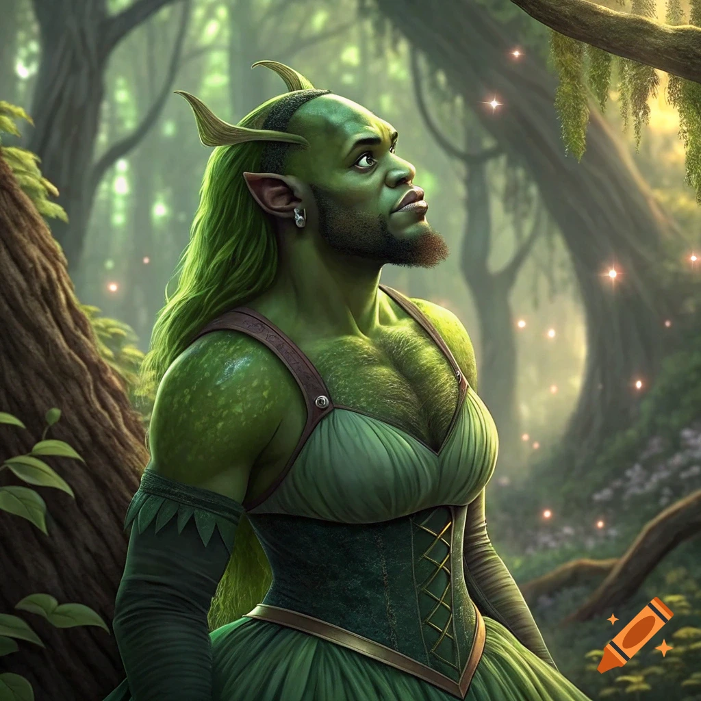 Green-skinned fantasy character with horns and long green hair wearing ...