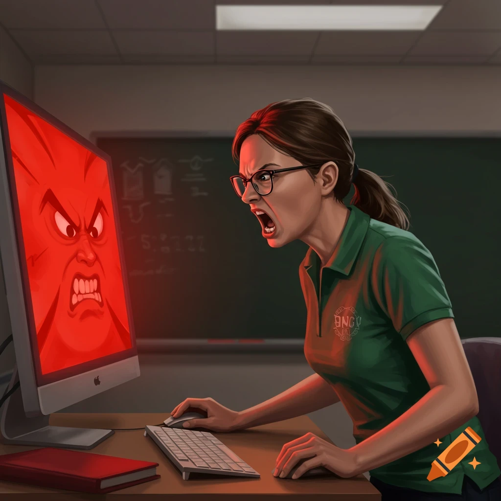 Illustration of an angry teacher yelling at a computer screen showing an angry face.