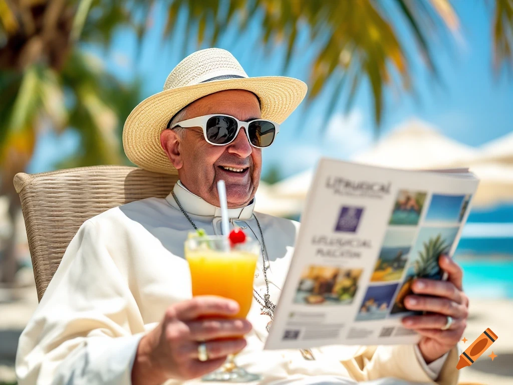 Man resembling the Pope in hat and sunglasses relaxing on a beach chair with a drink, reading a magazine. Photorealistic.