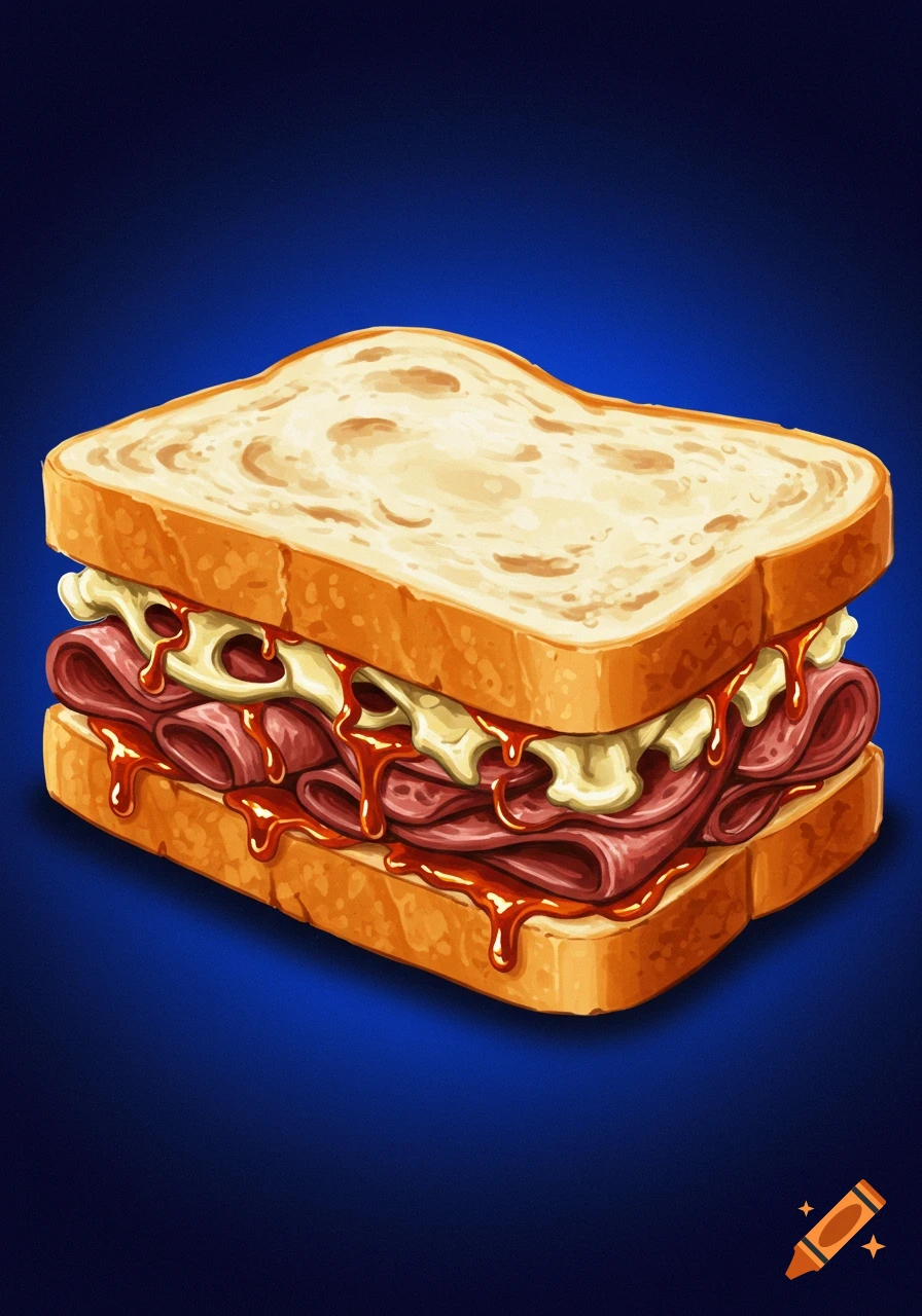 A stylized illustration of a sandwich with meat, sauce, and cheese on a blue background.