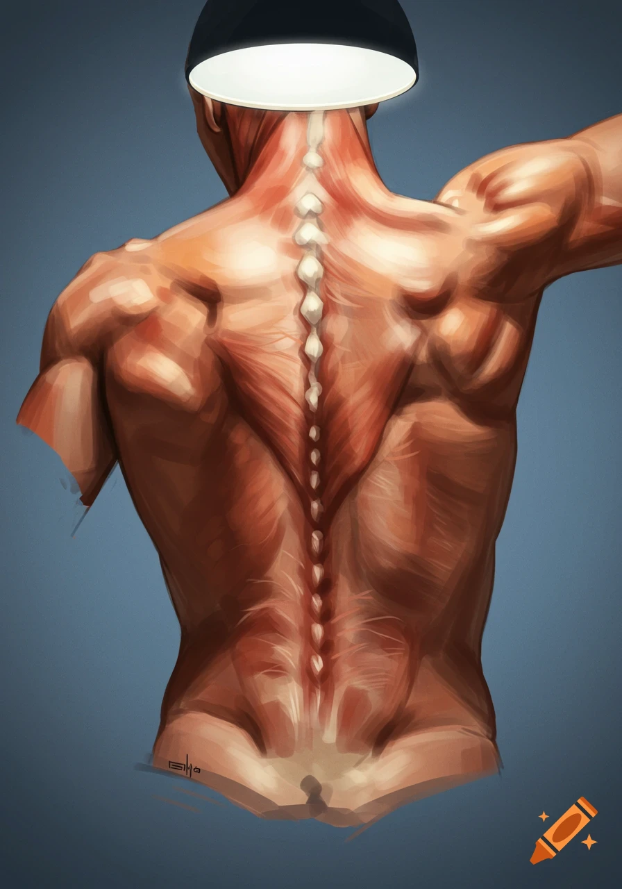 Anatomical drawing of human back muscles and spine.