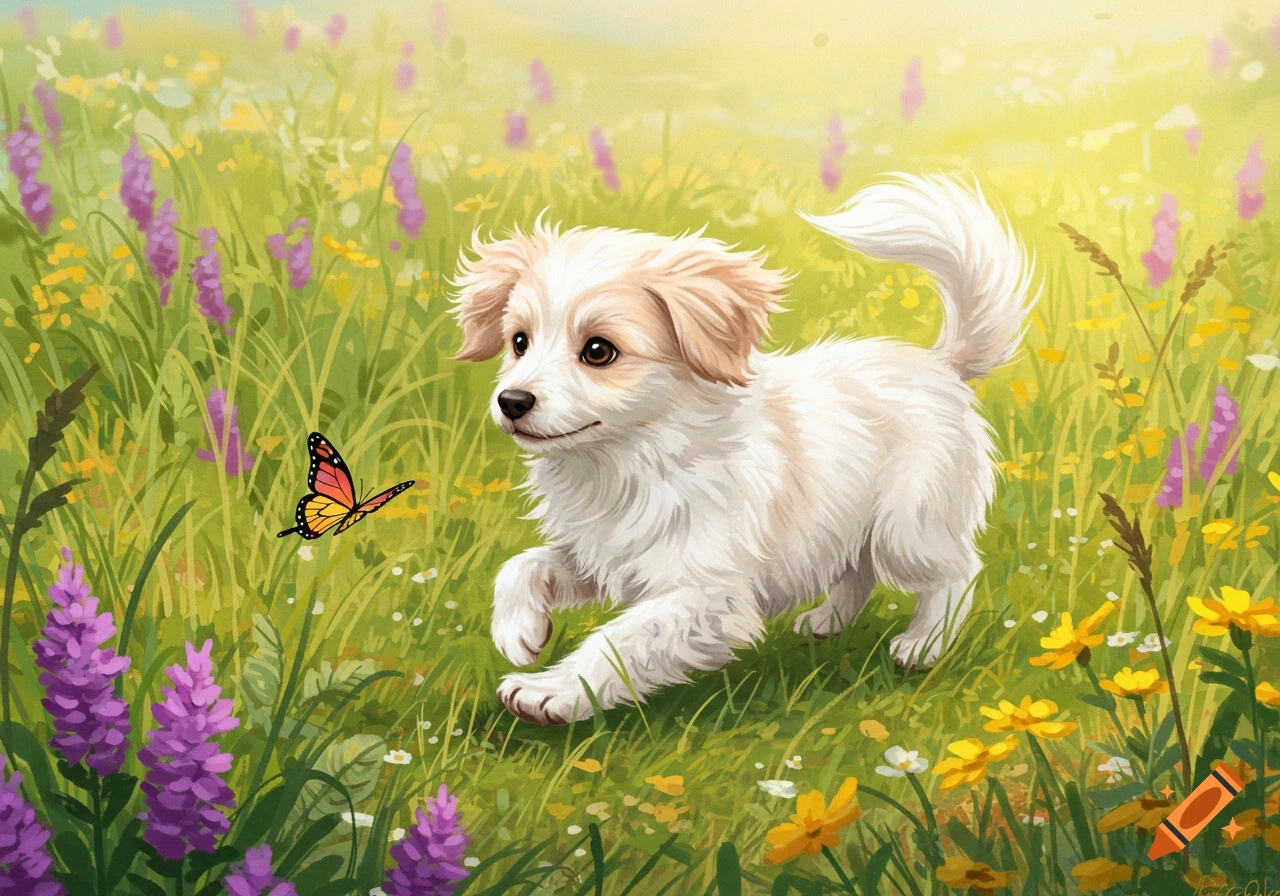 White puppy runs through flowered meadow chasing a butterfly. Digital illustration.