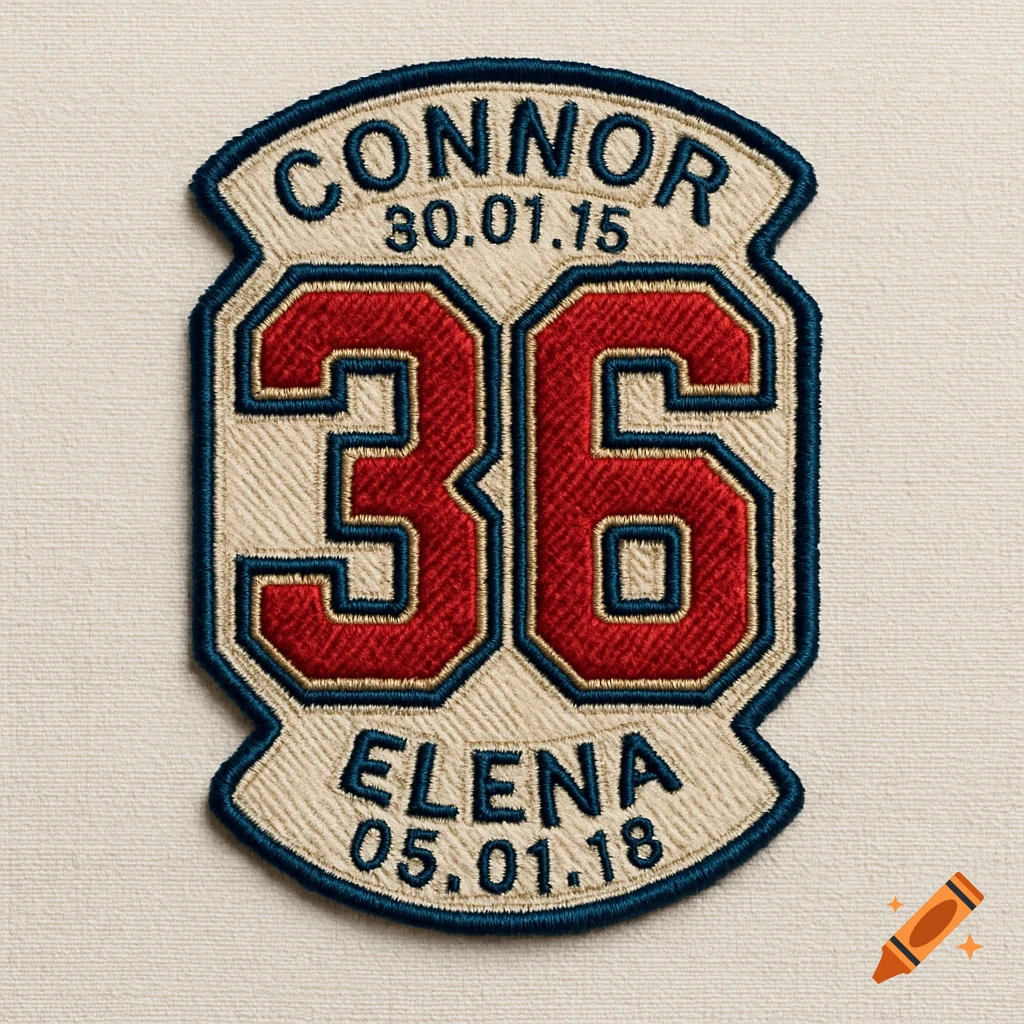 Embroidered patch with large red number 36, blue border, and embroidered names 'CONNOR 30.01.15' above and 'ELENA 05.01.18' below.