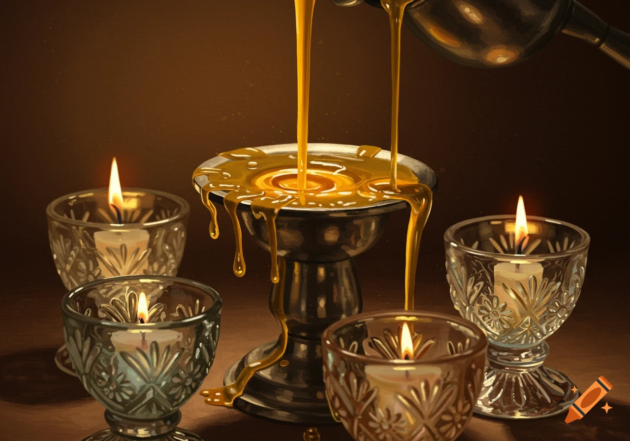 Liquid pouring into a chalice bowl surrounded by lit candles