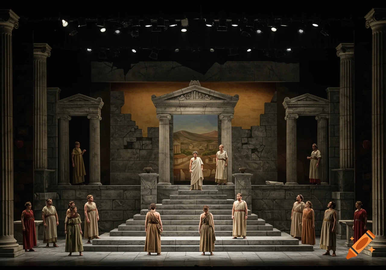 A theatre stage is set up like ancient Greek ruins with stone steps and pillars, featuring actors in ancient costumes.