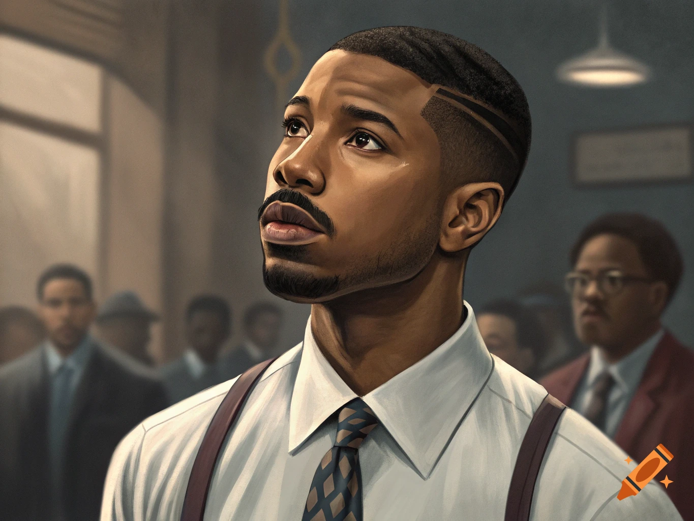 Less realistic drawing of a man in a shirt and suspenders looking up in a courtroom setting.