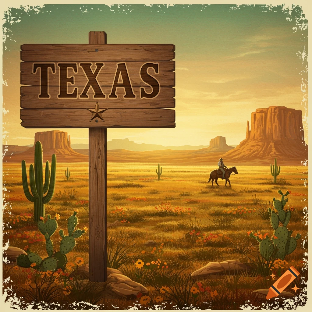 Vintage style illustration of a Texas landscape with a sign, cacti, mesa mountains, and a cowboy on a horse.