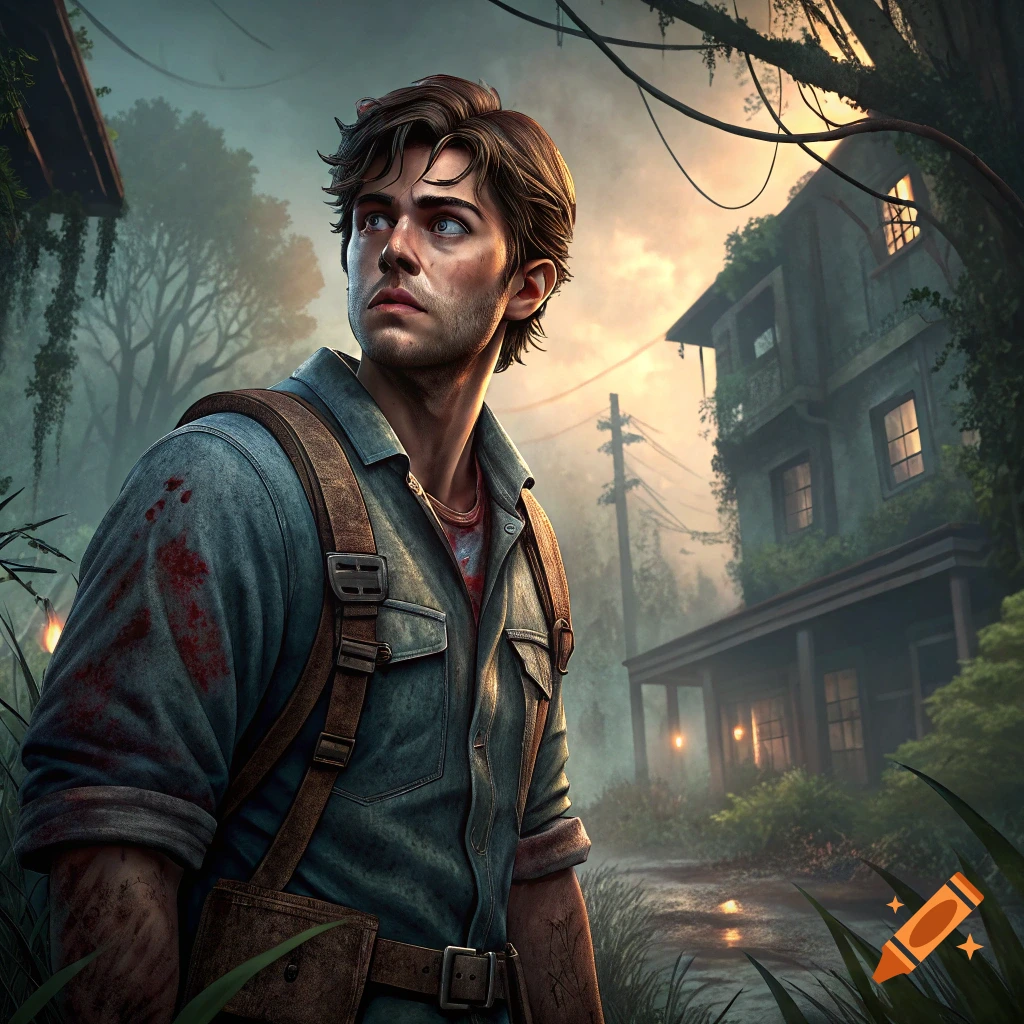 Young man with backpack in a ruined, overgrown environment at sunset, looking up.