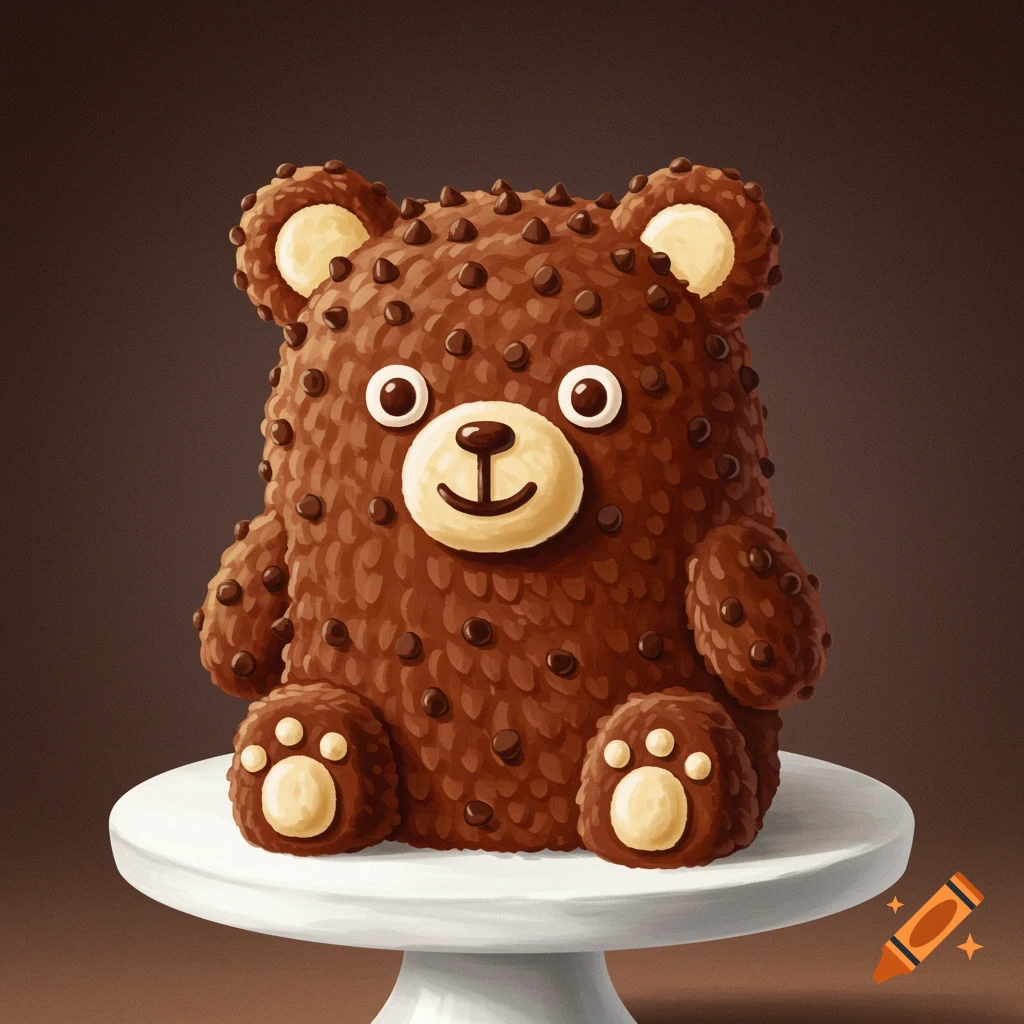 A chocolate bear-shaped cake on a white cake stand.