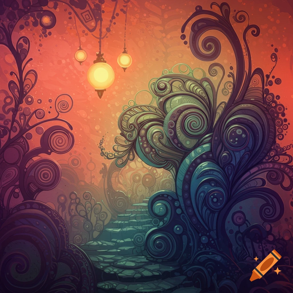 Decorative fantasy landscape with swirling organic shapes, lanterns, and a stone path.