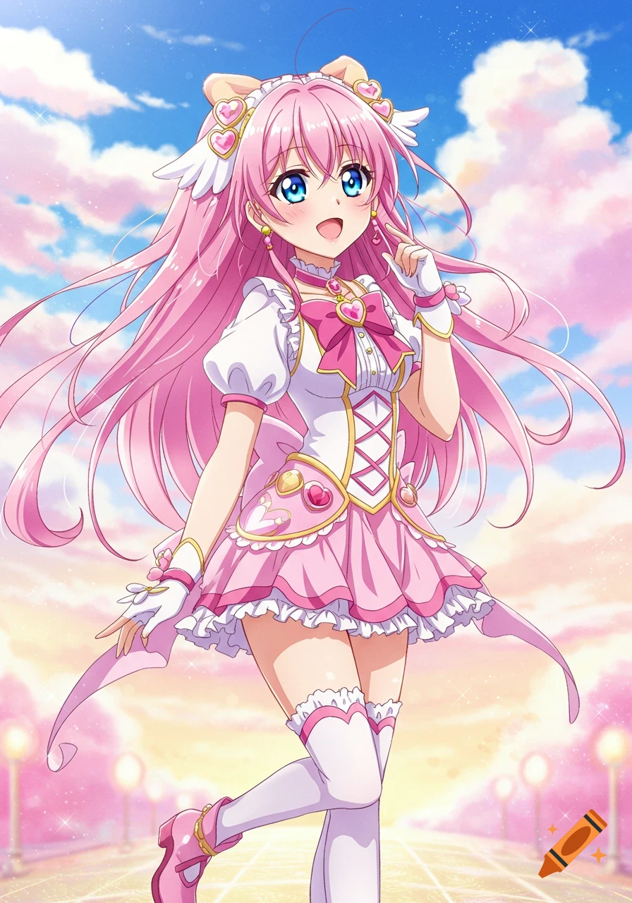 Anime girl with long pink hair, blue eyes, wearing a pink frilly magical girl dress, smiling in a bright, colorful outdoor setting.
