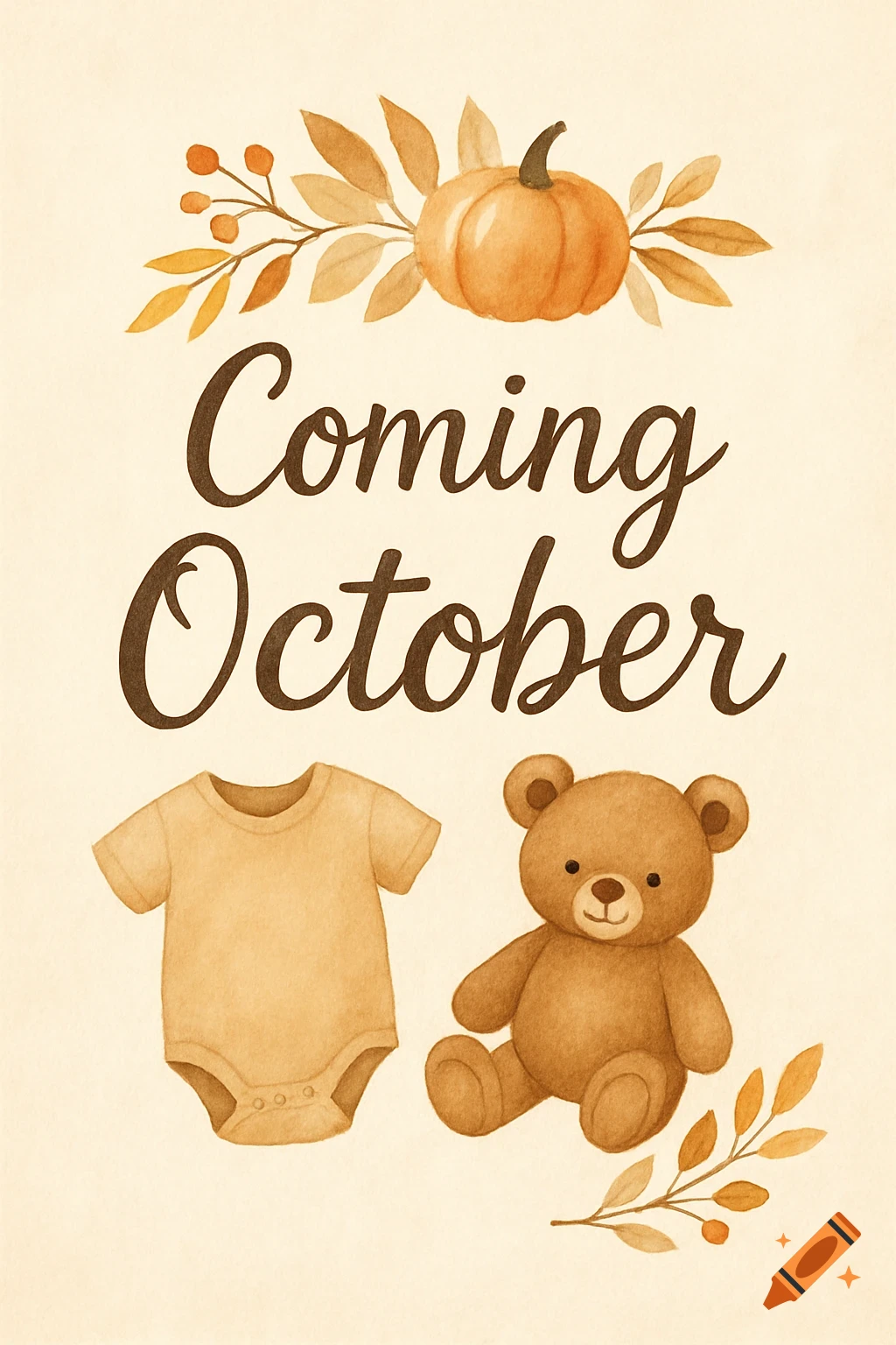 Watercolor baby announcement illustration with 'Coming October' text, pumpkin, leaves, baby onesie, and teddy bear.