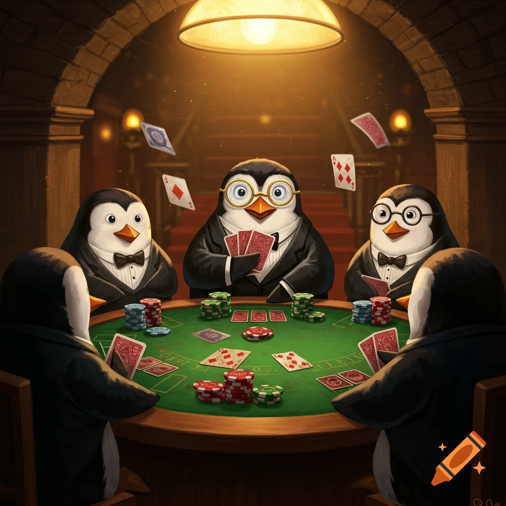 Penguins in suits play poker at a table in a dimly lit room.