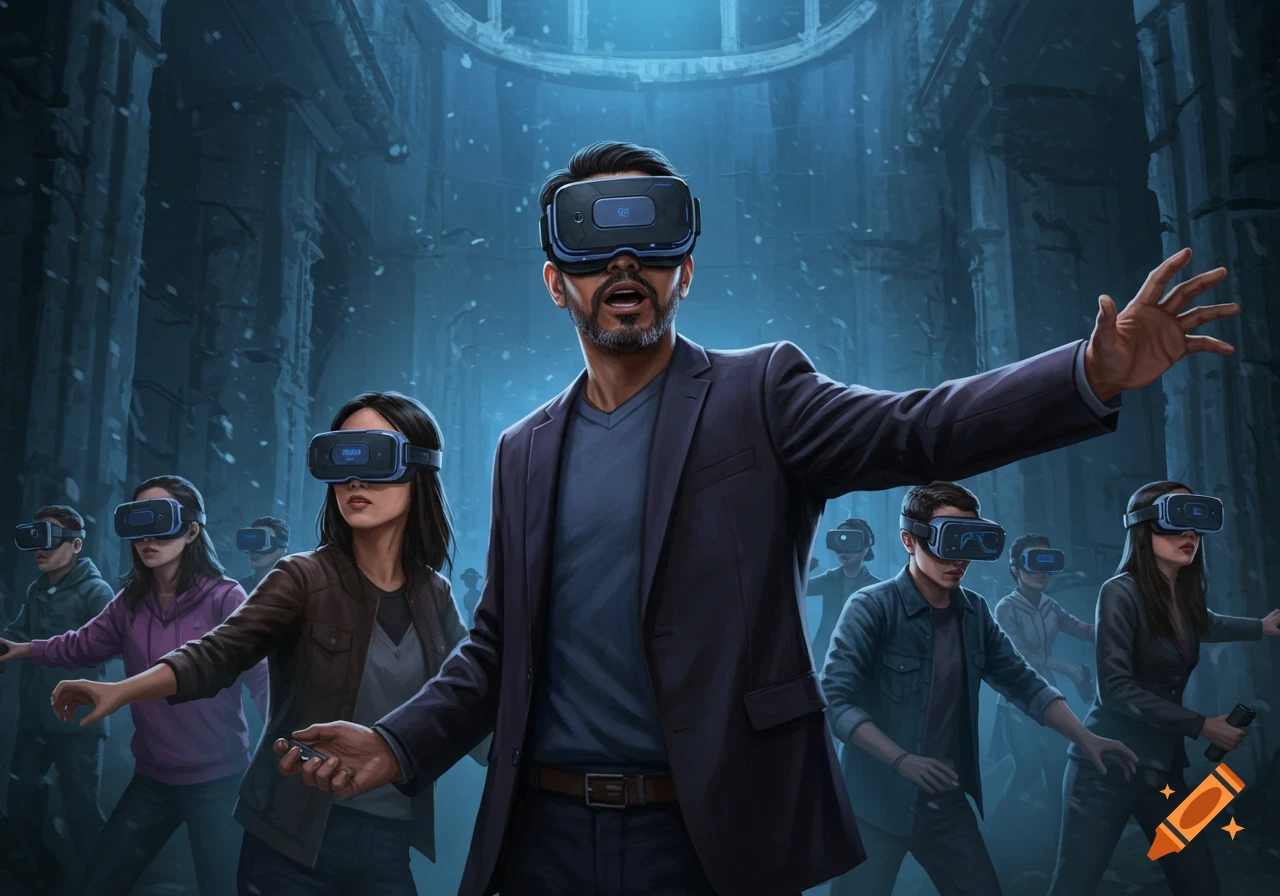 People wearing VR headsets in a dark, mysterious room