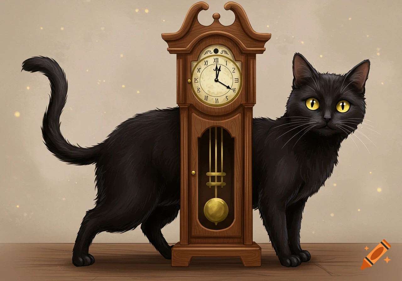 Digital painting of a black cat standing behind a grandfather clock.