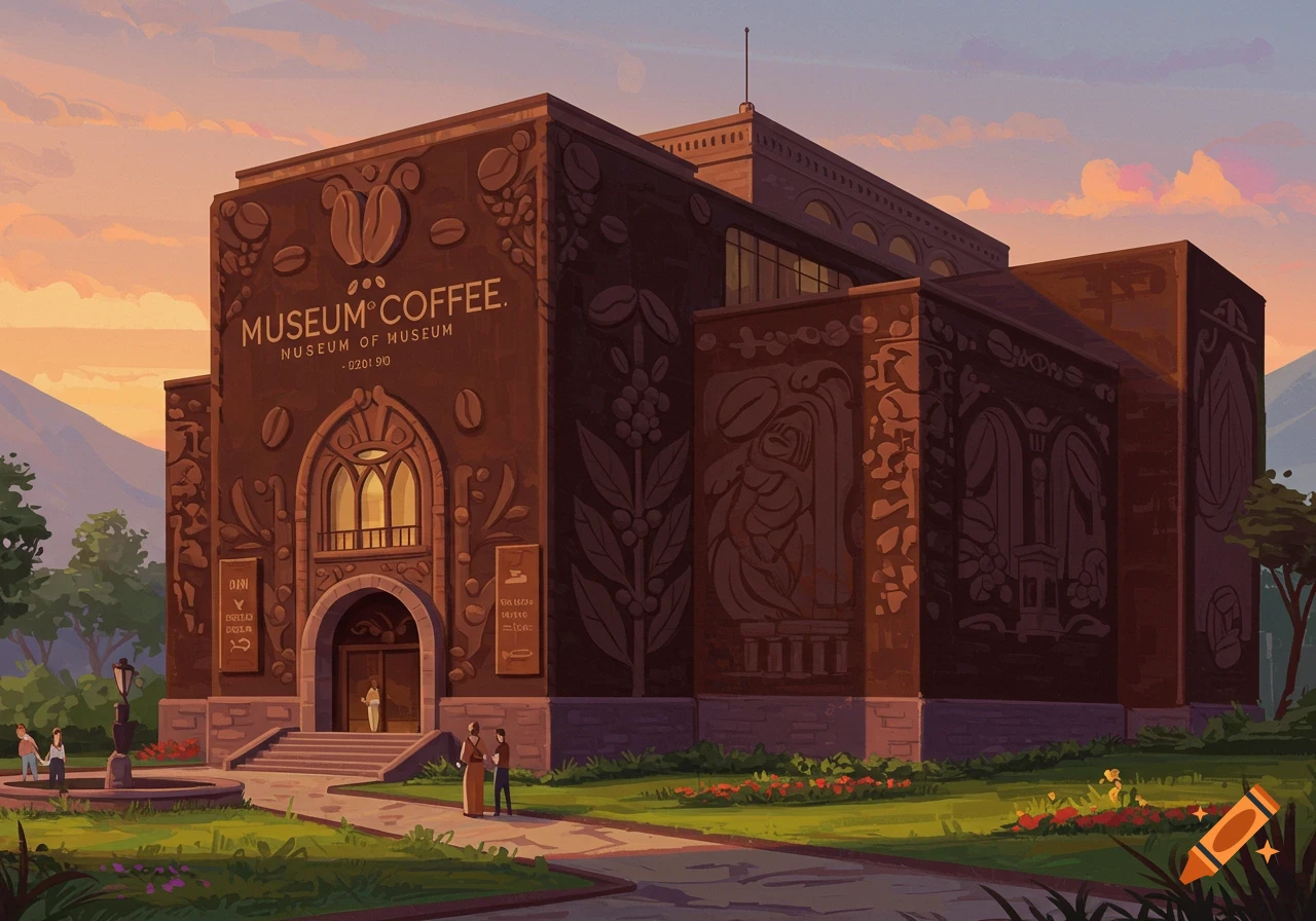 A stylized image of a brown building labeled 'Museum of Coffee' at sunset, with people standing outside.