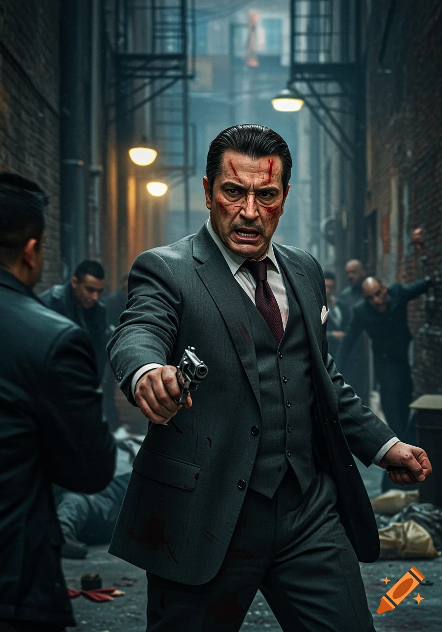 An angry man in a suit with blood on his face holds a gun in a dark alley.