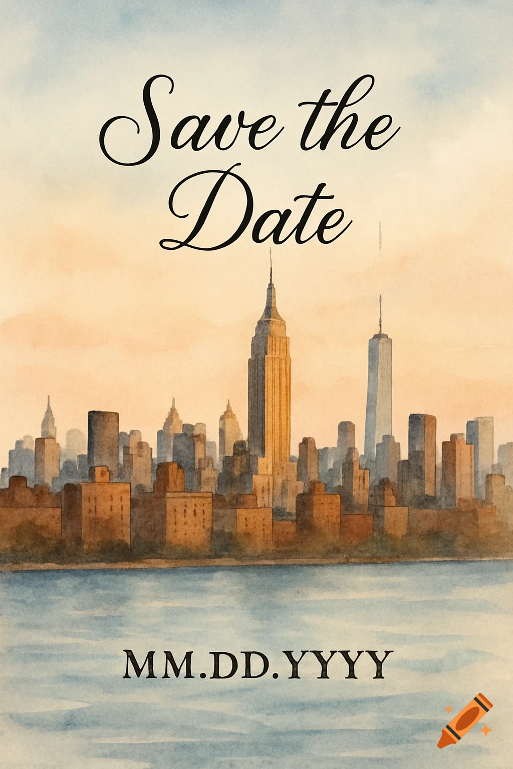 Watercolor painting of the New York skyline with "Save the Date" and a date placeholder.
