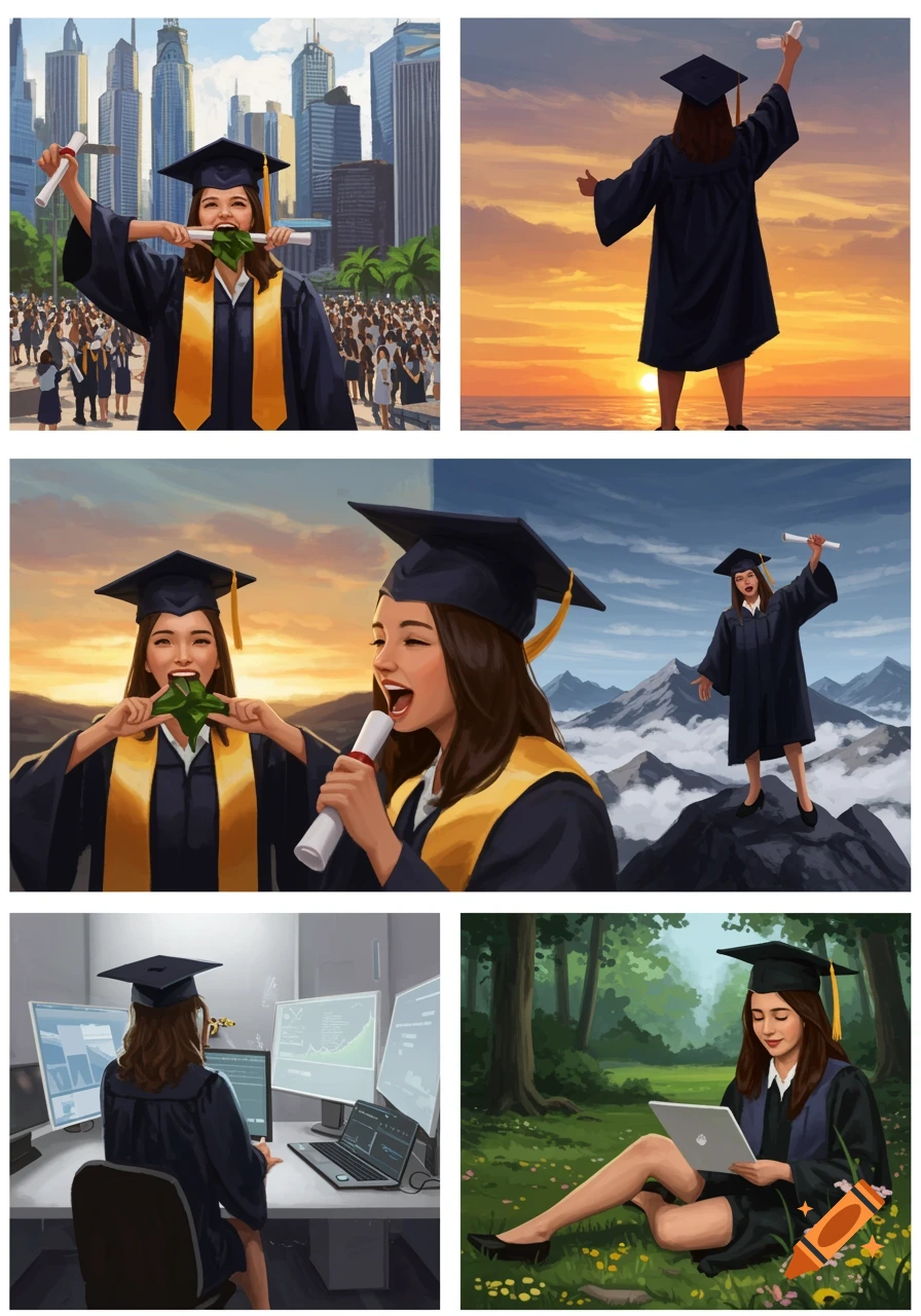 Illustration of a graduate celebrating achievements in diverse settings like a city, sunset, mountains, and nature.