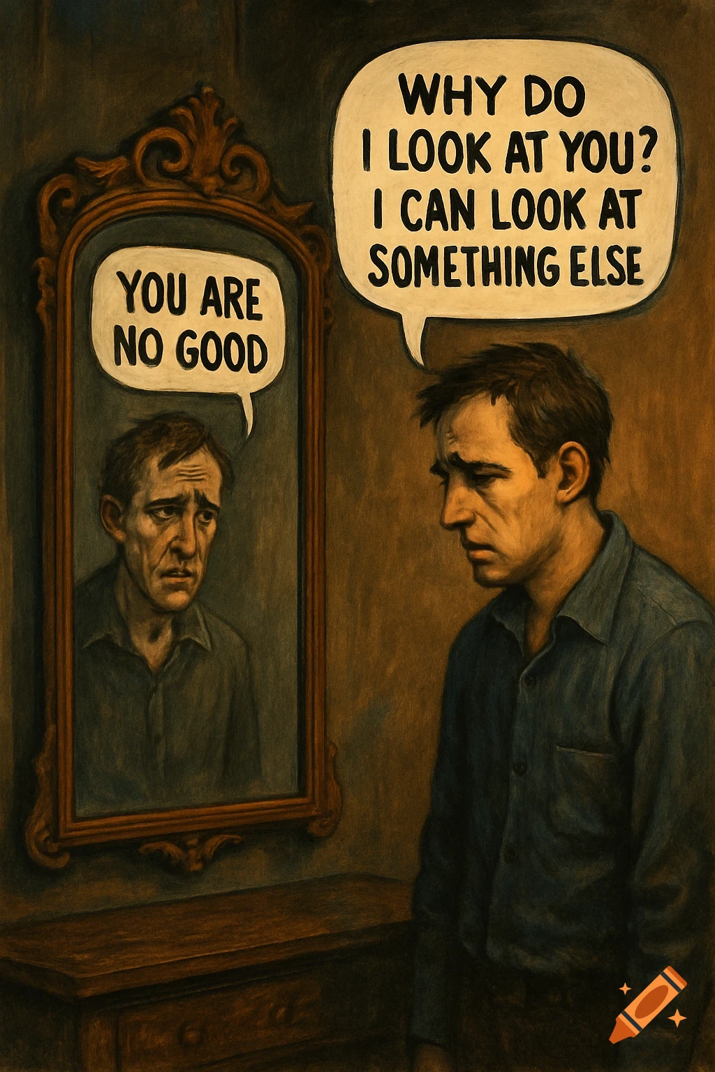 Painting of a sad man looking at a mirror reflecting 'You are no good'. He thinks, 'Why do I look at you?'