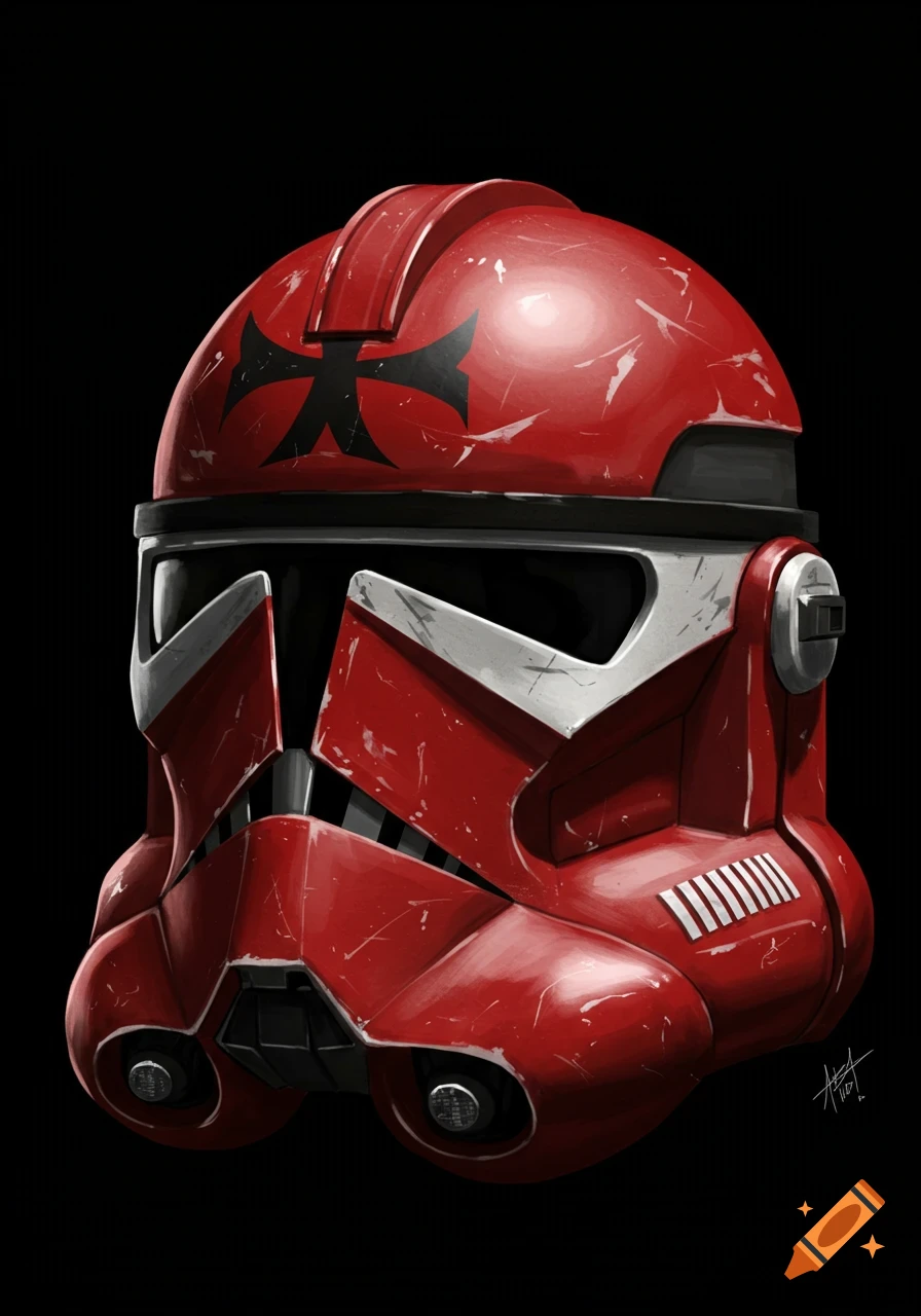 Detailed digital painting of a worn red and white clone trooper helmet with a black crusader cross symbol.