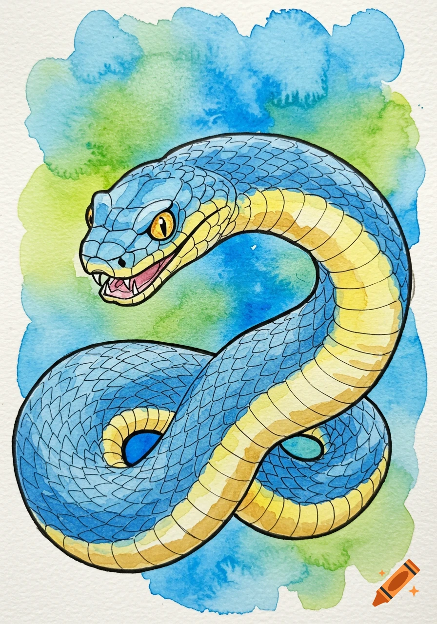 Watercolor illustration of a blue and yellow snake.
