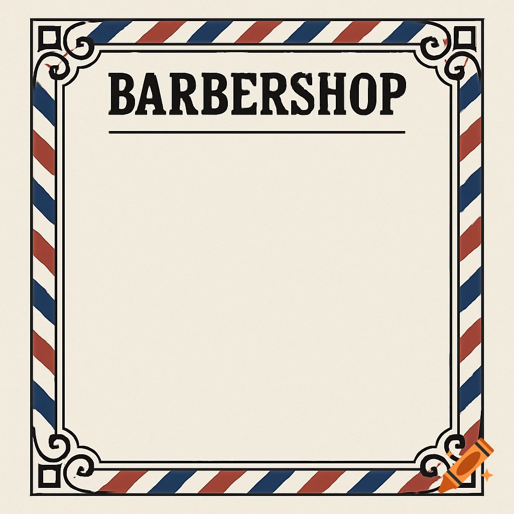 Square frame with red, white, and blue barber pole stripes and the word 'BARBERSHOP'.