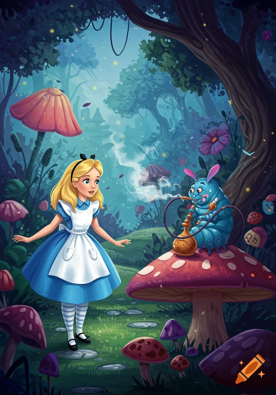Illustration of Alice meeting a smoking caterpillar on a mushroom in a fantasy forest.
