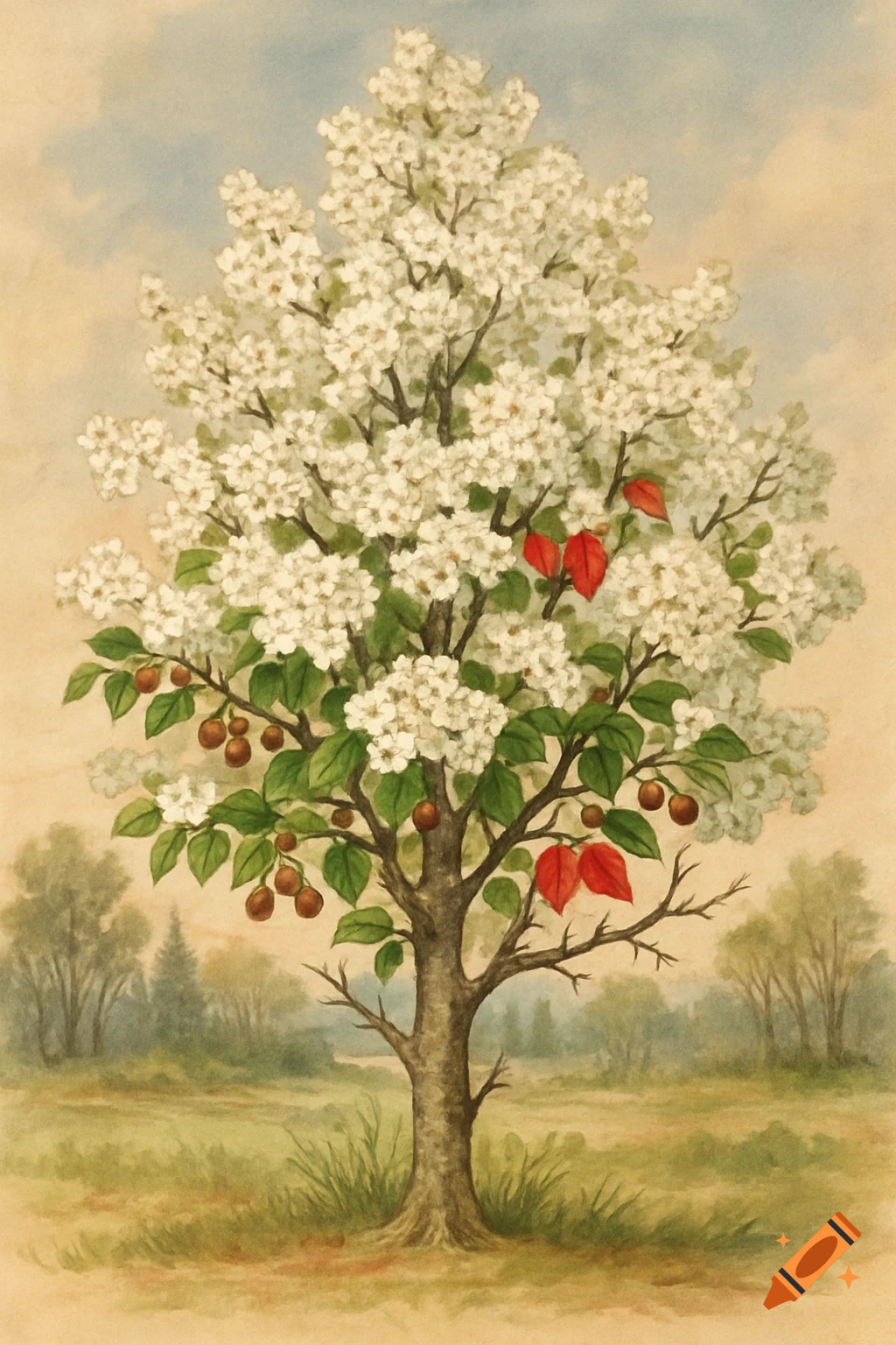 Watercolor painting of a blooming tree with white flowers, red leaves, and small brown fruit.