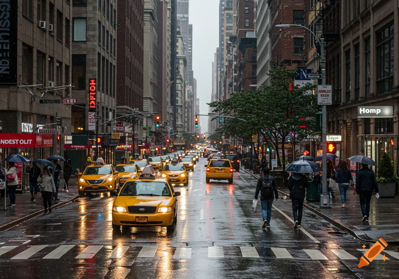 Rainy street scene in NYC with yellow taxis, cars, and pedestrians under umbrellas.