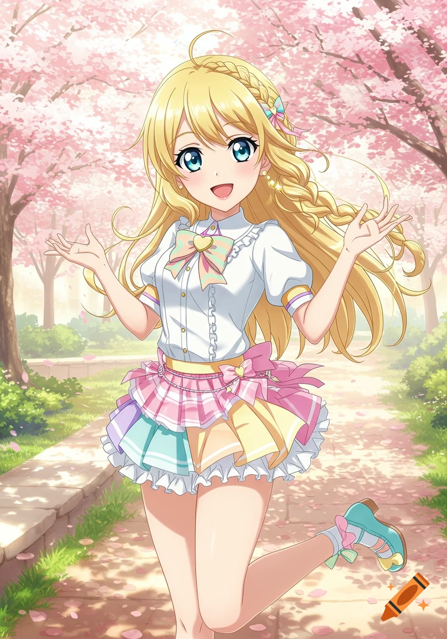 A blonde anime girl smiles and gestures in a park during cherry blossom season.