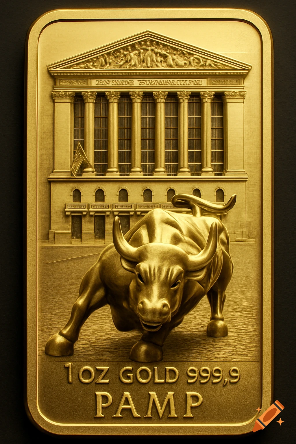 A gold bar stamped with a charging bull in front of a classical building facade.