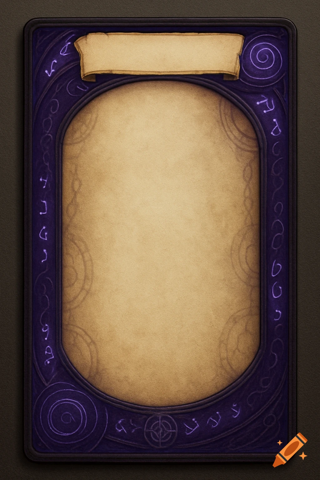 A vertical fantasy trading card frame with a parchment interior, a purple border decorated with glowing arcane symbols, and a blank scroll banner at the top.