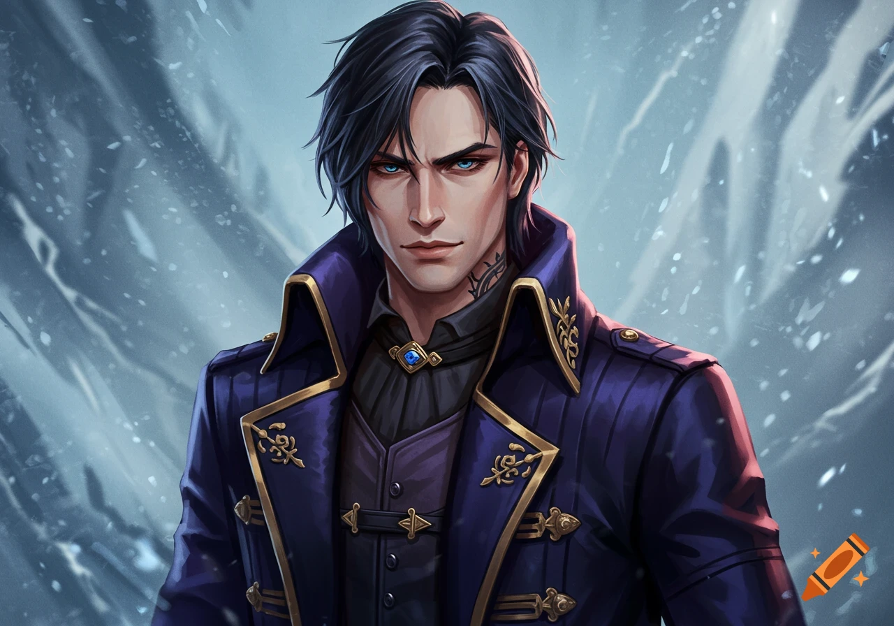 Anime style portrait of a dark-haired male character in a long purple coat against an icy background.