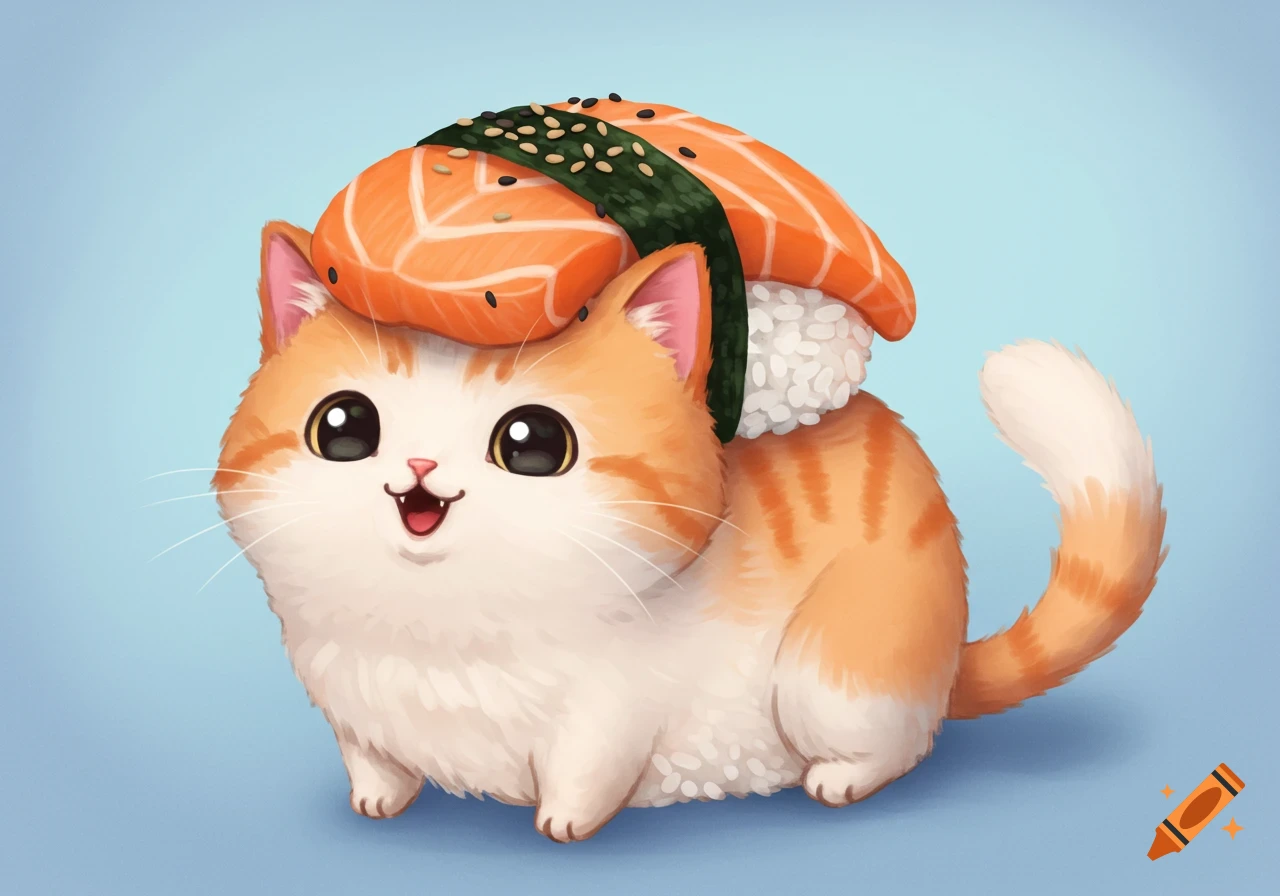 A cute cartoon cat wearing a salmon sushi as a hat on a blue background.