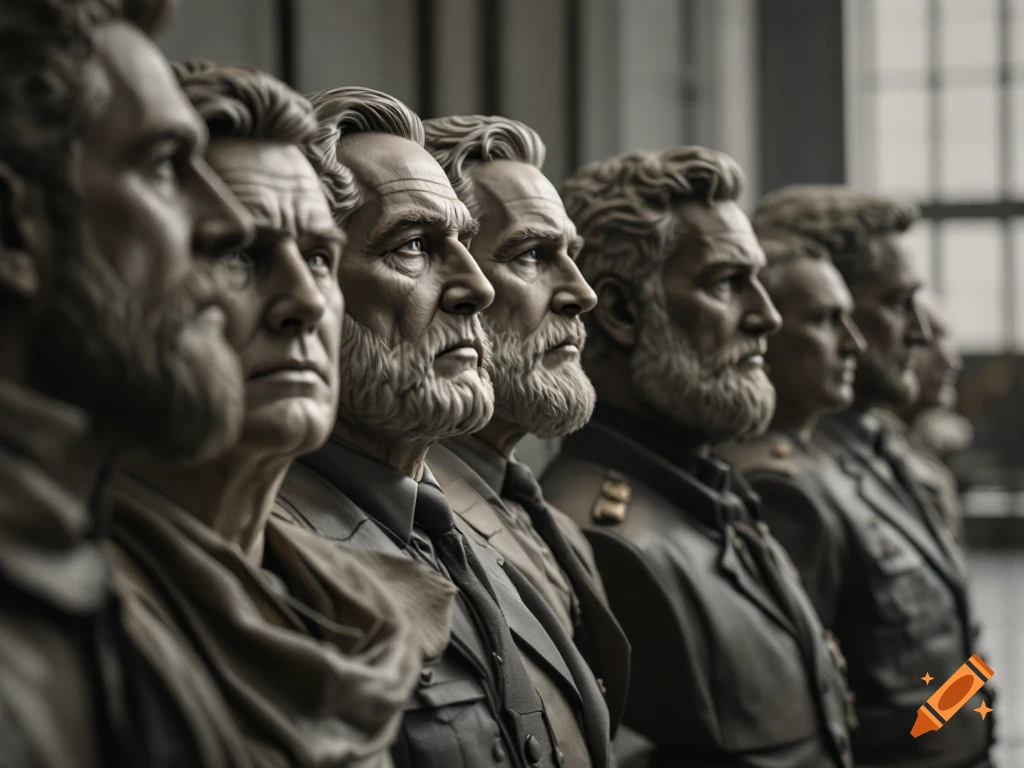 Photorealistic busts of historical men in profile, arranged in a row.