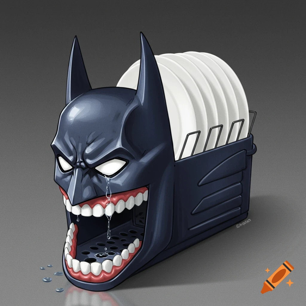 Illustration of a Batman face shaped dish rack holding white plates, with water dripping.