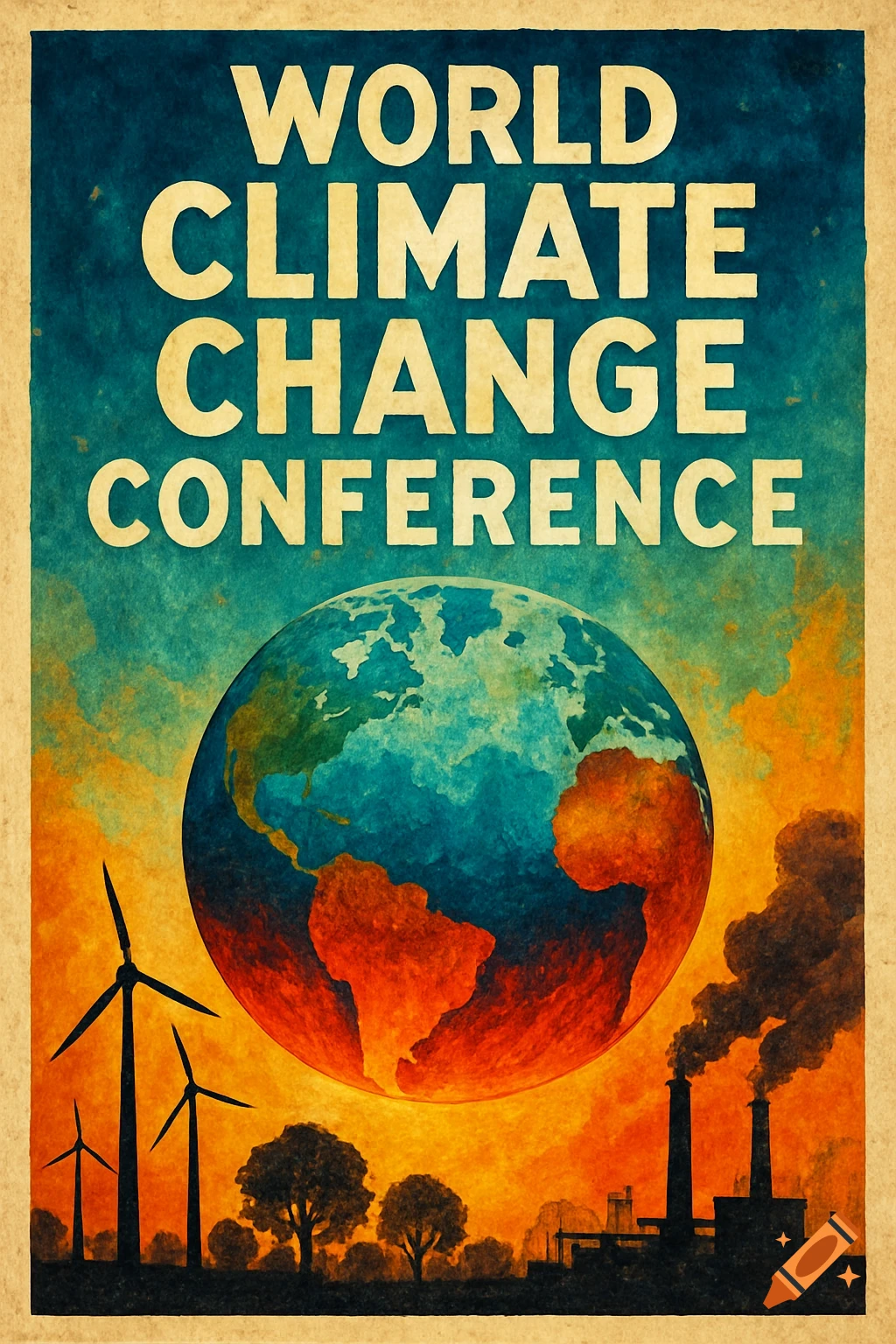 Vintage style poster for World Climate Change Conference featuring Earth, wind turbines, and factories.